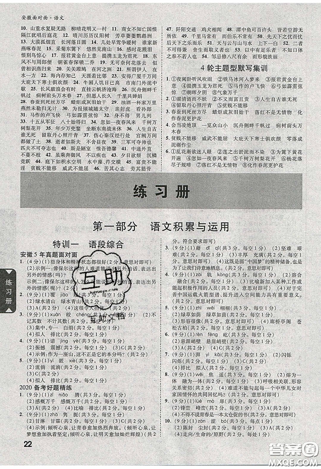 新疆青少年出版社2020年萬維安徽中考面對面語文人教版答案