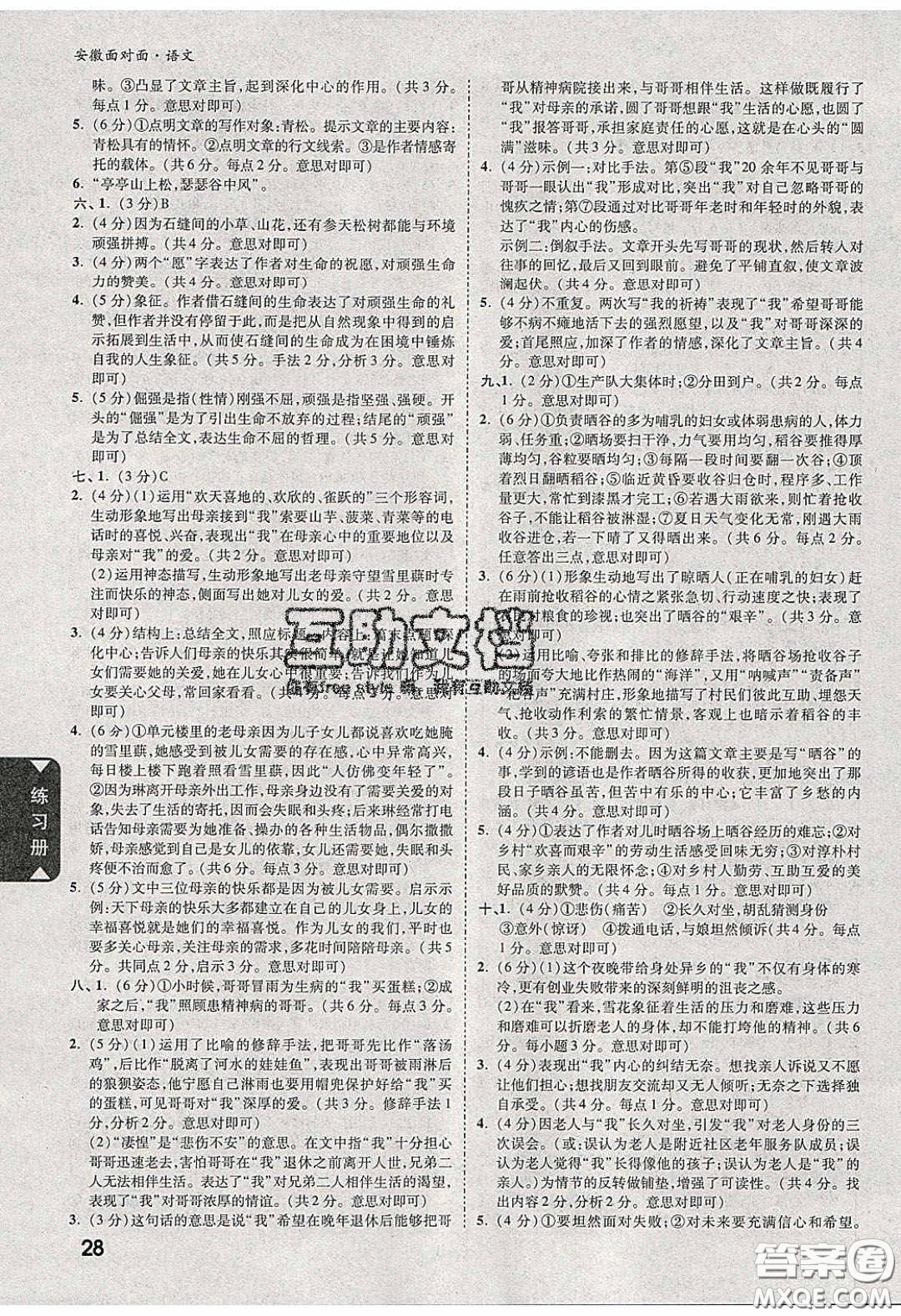 新疆青少年出版社2020年萬維安徽中考面對面語文人教版答案