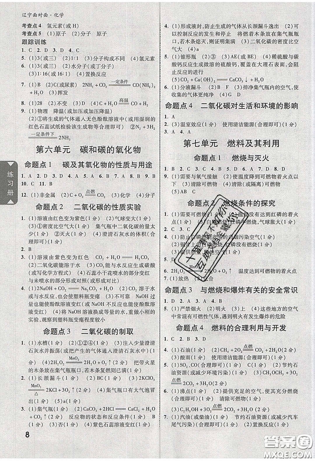 新疆青少年出版社2020年遼寧中考面對面化學(xué)人教版答案