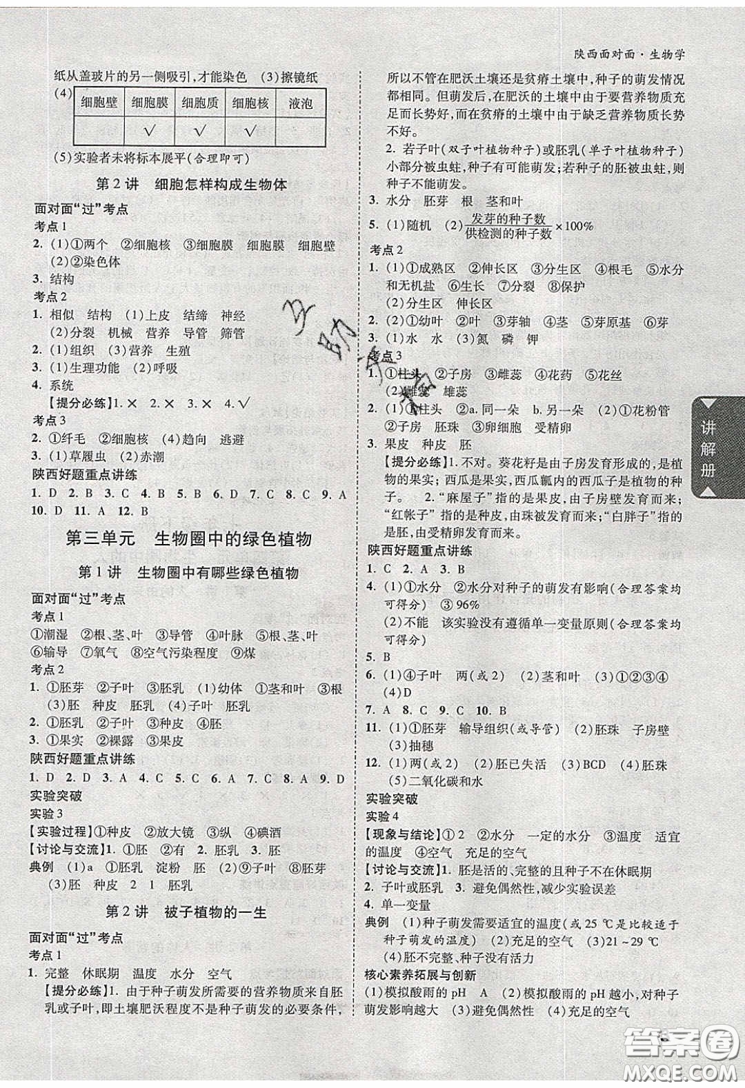 新疆青少年出版社2020年萬維陜西中考面對(duì)面生物學(xué)人教版答案
