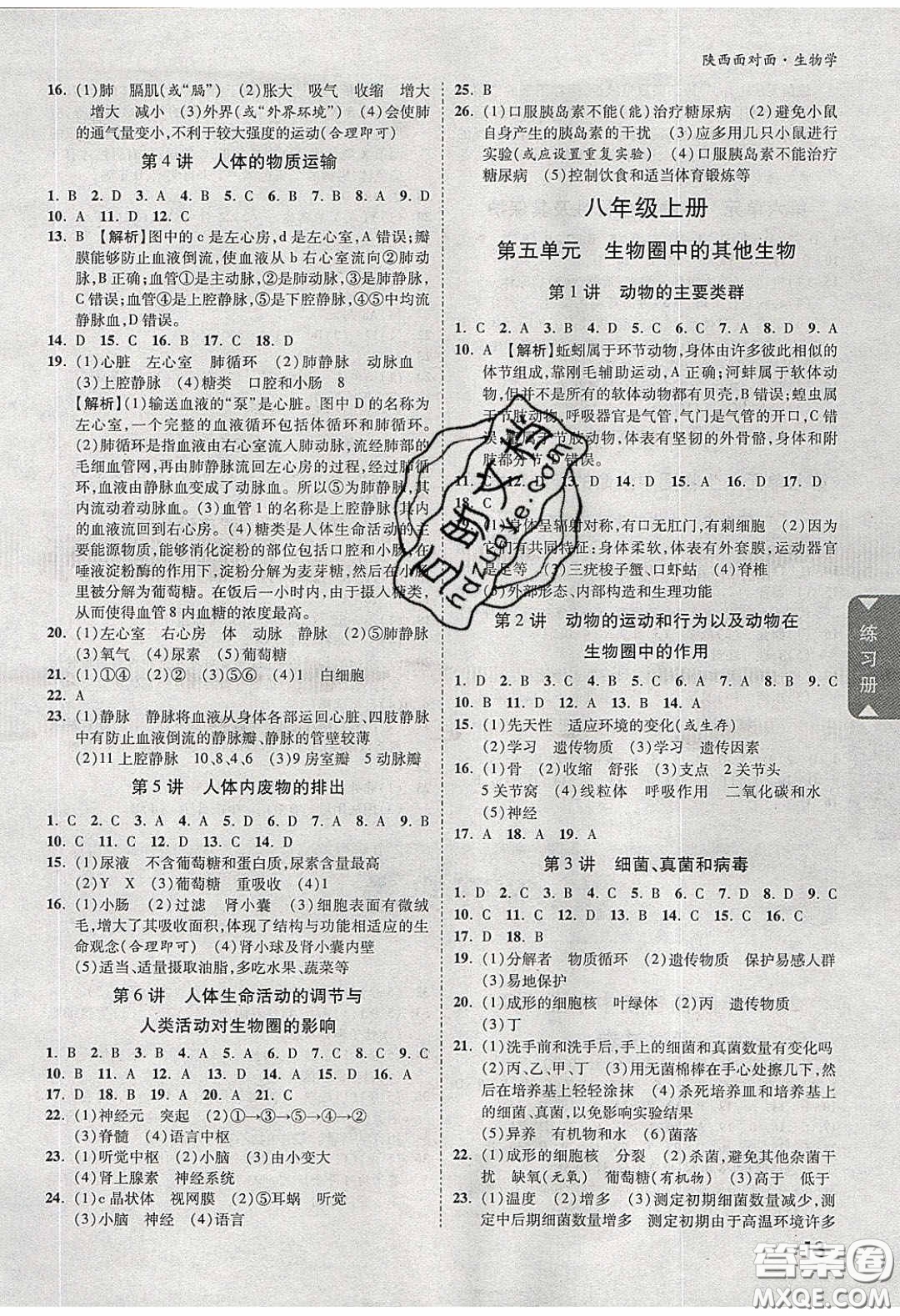 新疆青少年出版社2020年萬維陜西中考面對(duì)面生物學(xué)人教版答案