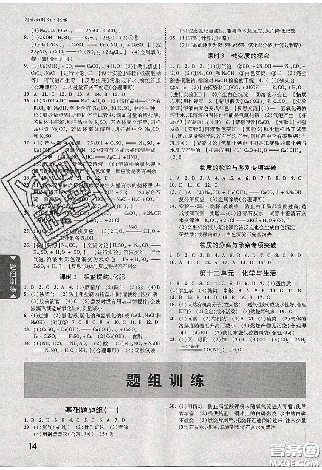 新疆青少年出版社2020年萬維河北中考面對(duì)面化學(xué)人教版答案