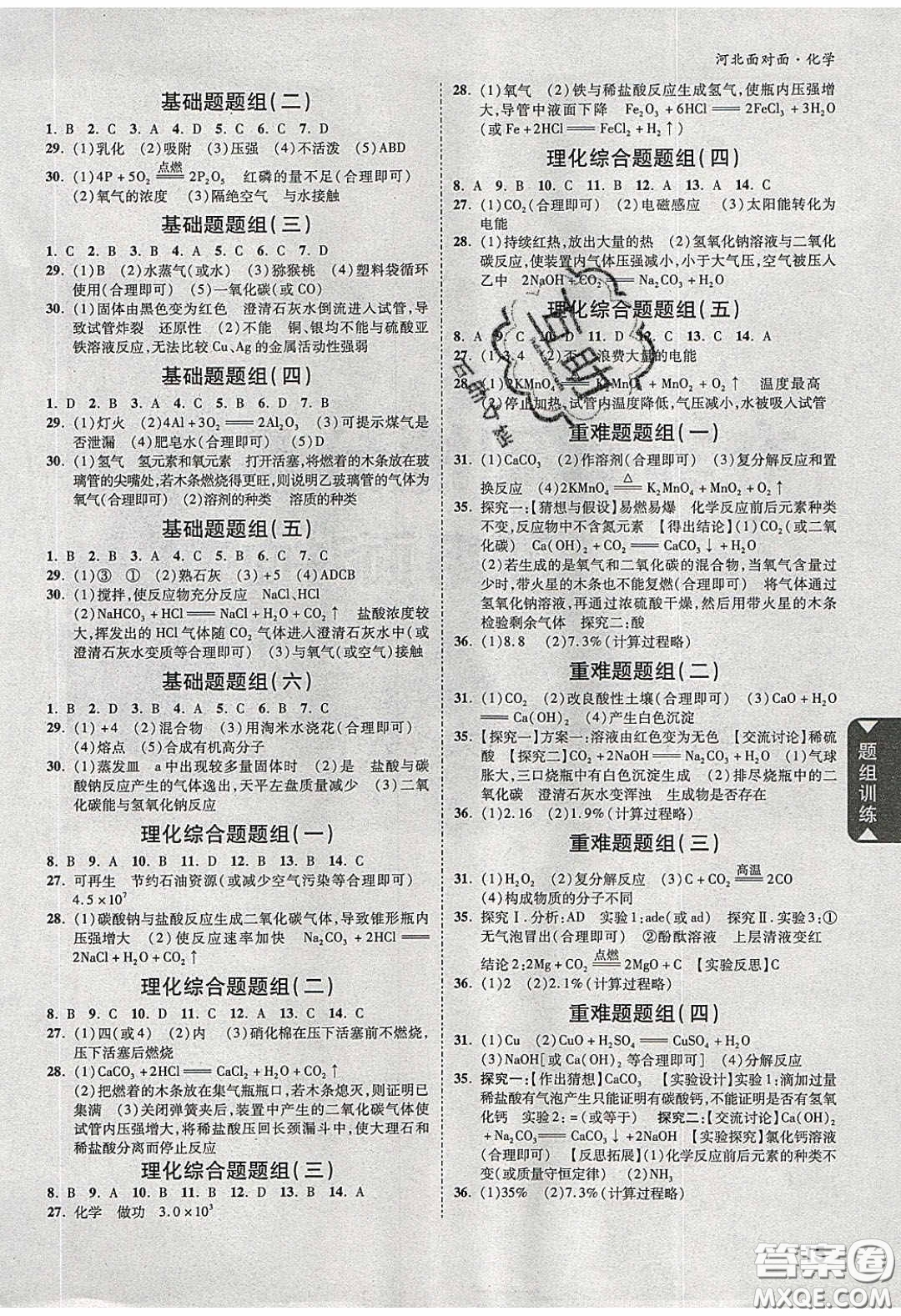 新疆青少年出版社2020年萬維河北中考面對(duì)面化學(xué)人教版答案