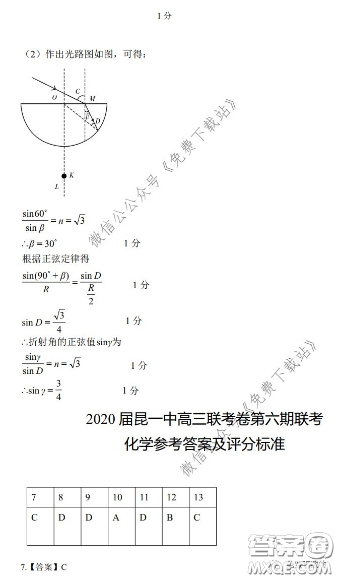 昆明第一中學2020屆高中新課標高三第六次考前基礎強化理科綜合答案
