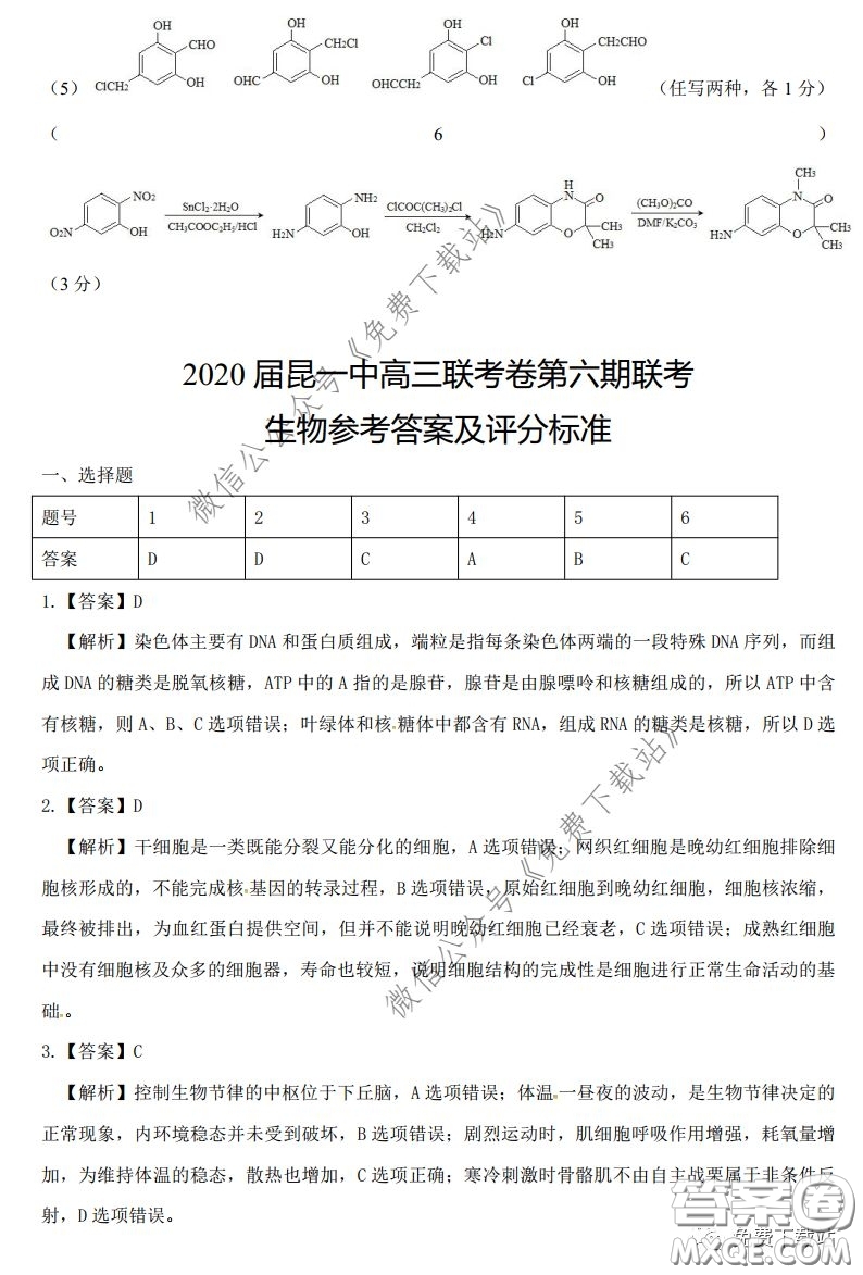 昆明第一中學2020屆高中新課標高三第六次考前基礎強化理科綜合答案