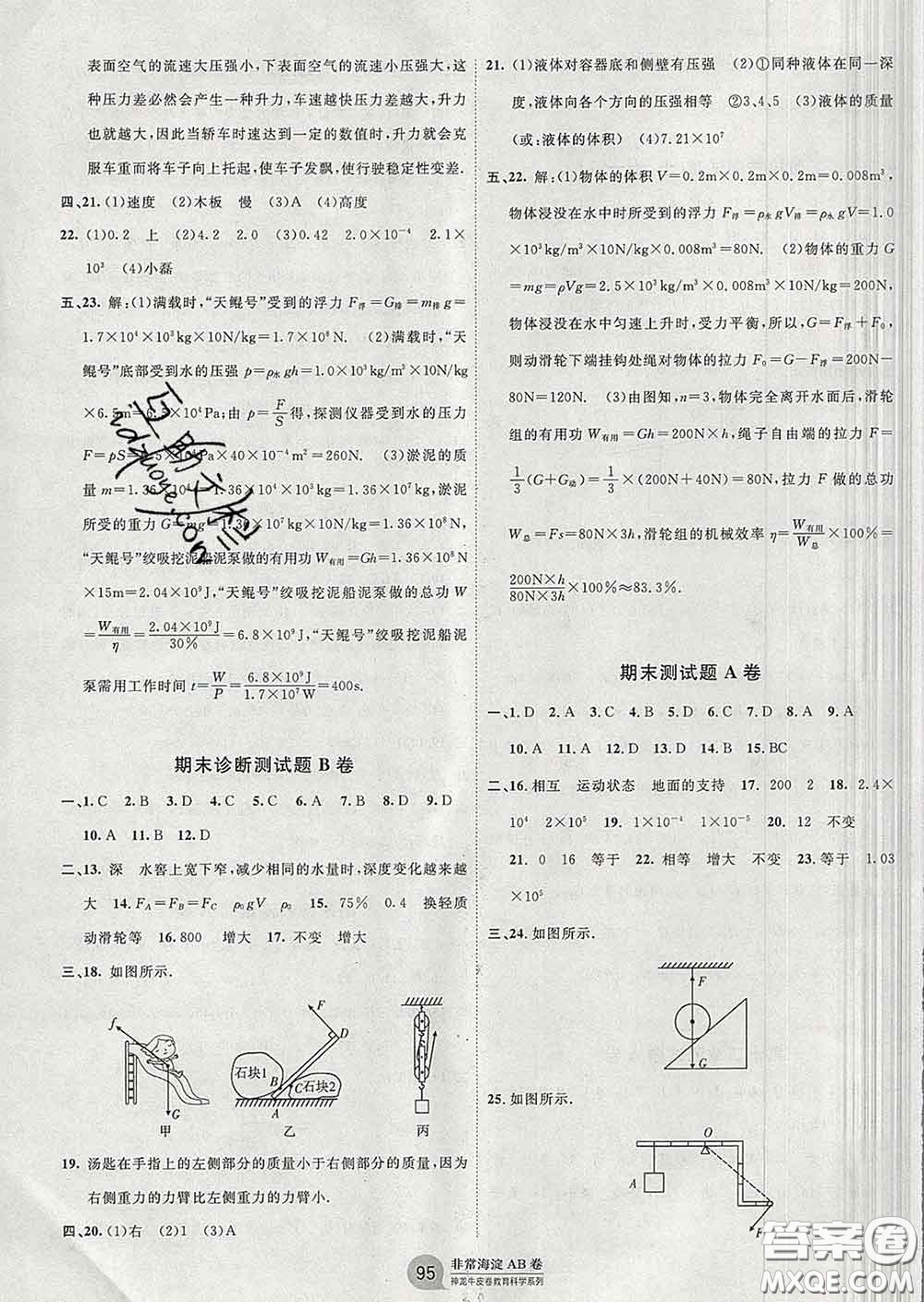 2020新版非常海淀單元測試AB卷八年級物理下冊教科版答案