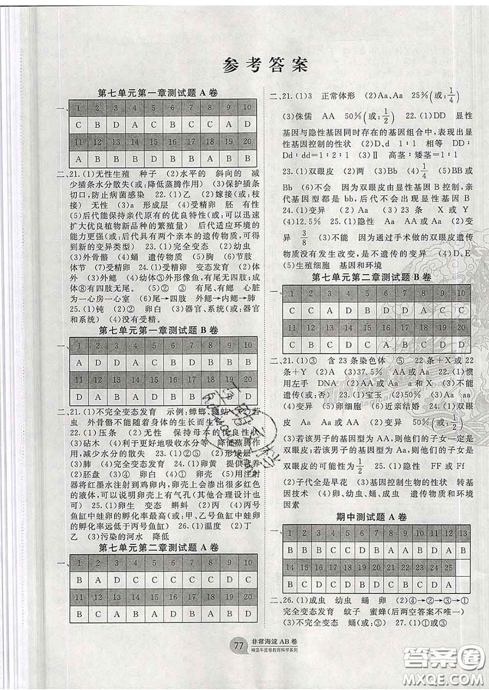 2020新版非常海淀單元測試AB卷八年級生物下冊人教版答案