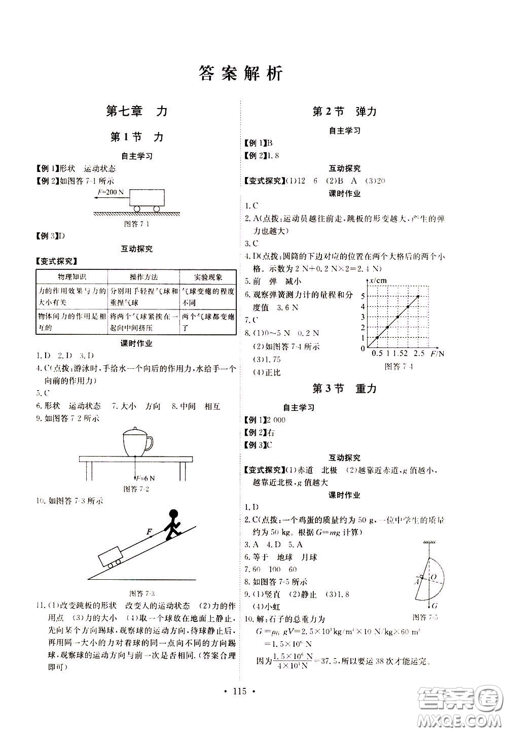 2020年長江全能學案同步練習冊物理八年級下冊人教版參考答案