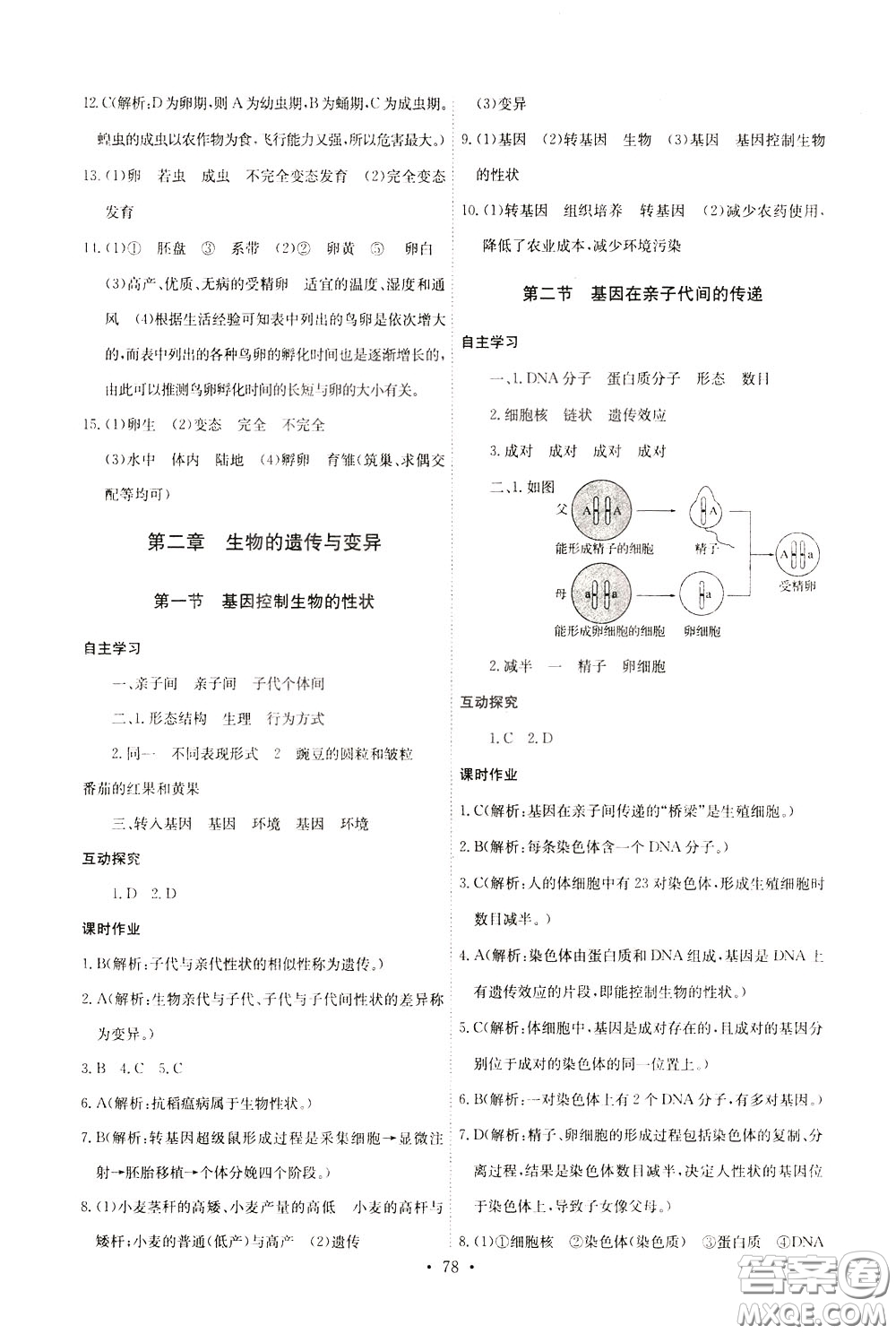 2020年長江全能學案同步練習冊生物學八年級下冊人教版參考答案