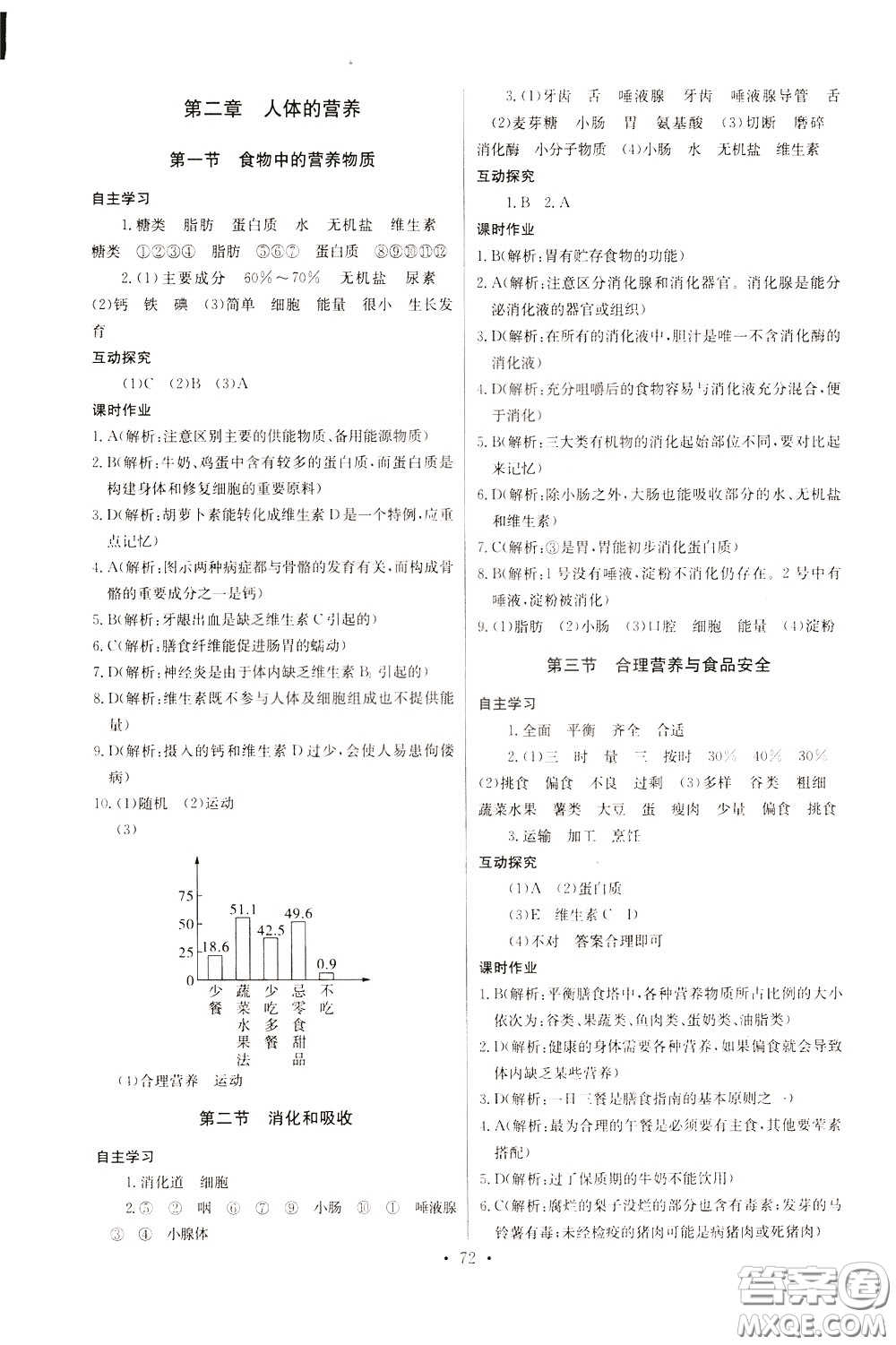 2020年長(zhǎng)江全能學(xué)案同步練習(xí)冊(cè)生物學(xué)七年級(jí)下冊(cè)人教版參考答案