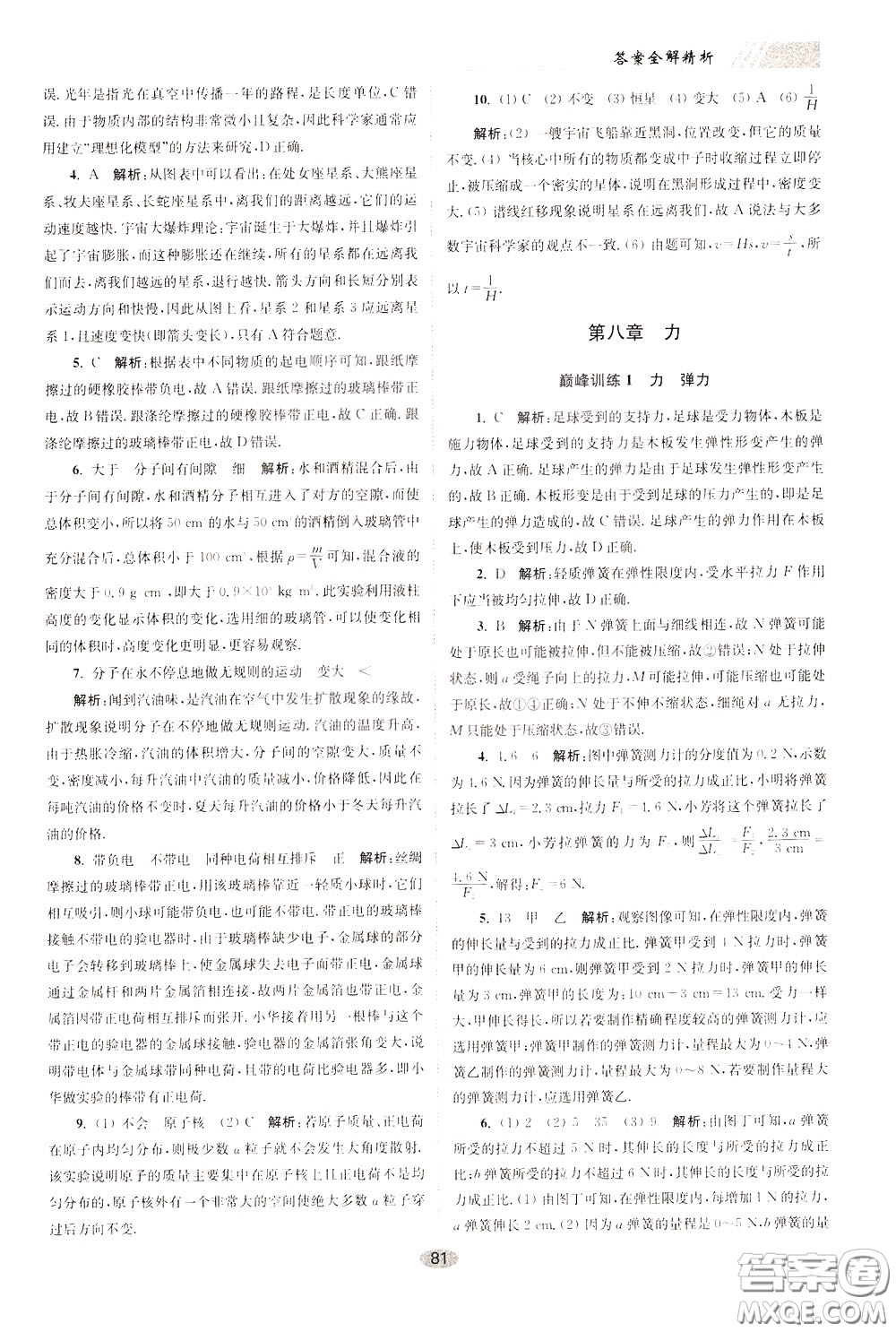 2020年初中物理小題狂做巔峰版八年級(jí)下冊(cè)蘇科版參考答案