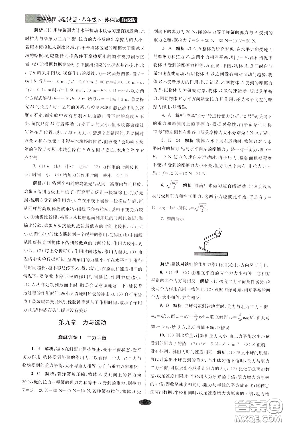 2020年初中物理小題狂做巔峰版八年級(jí)下冊(cè)蘇科版參考答案