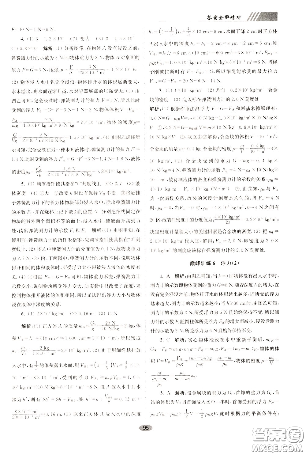 2020年初中物理小題狂做巔峰版八年級(jí)下冊(cè)蘇科版參考答案