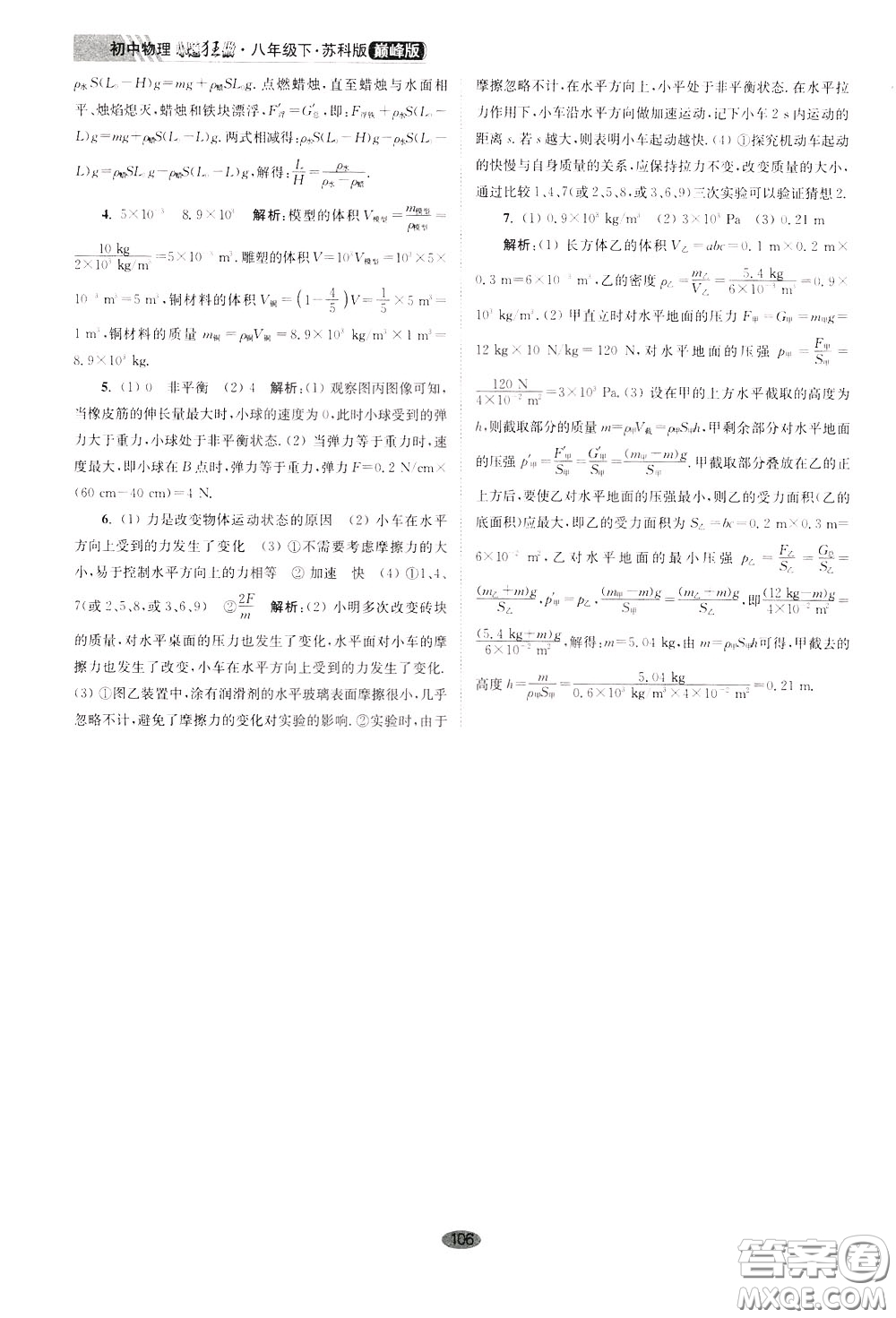 2020年初中物理小題狂做巔峰版八年級(jí)下冊(cè)蘇科版參考答案