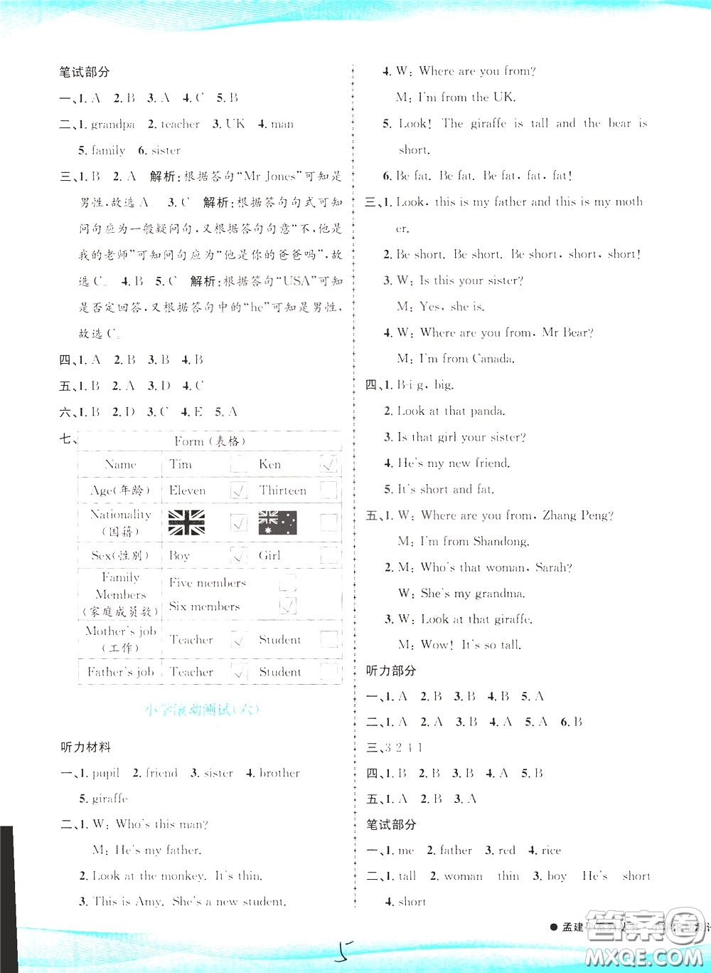 孟建平系列叢書2020年小學(xué)滾動(dòng)測(cè)試英語(yǔ)三年級(jí)下冊(cè)R人教版參考答案