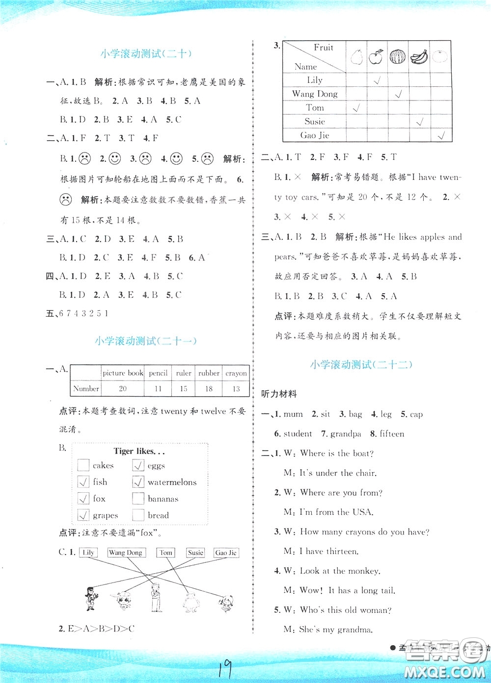 孟建平系列叢書2020年小學(xué)滾動(dòng)測(cè)試英語(yǔ)三年級(jí)下冊(cè)R人教版參考答案