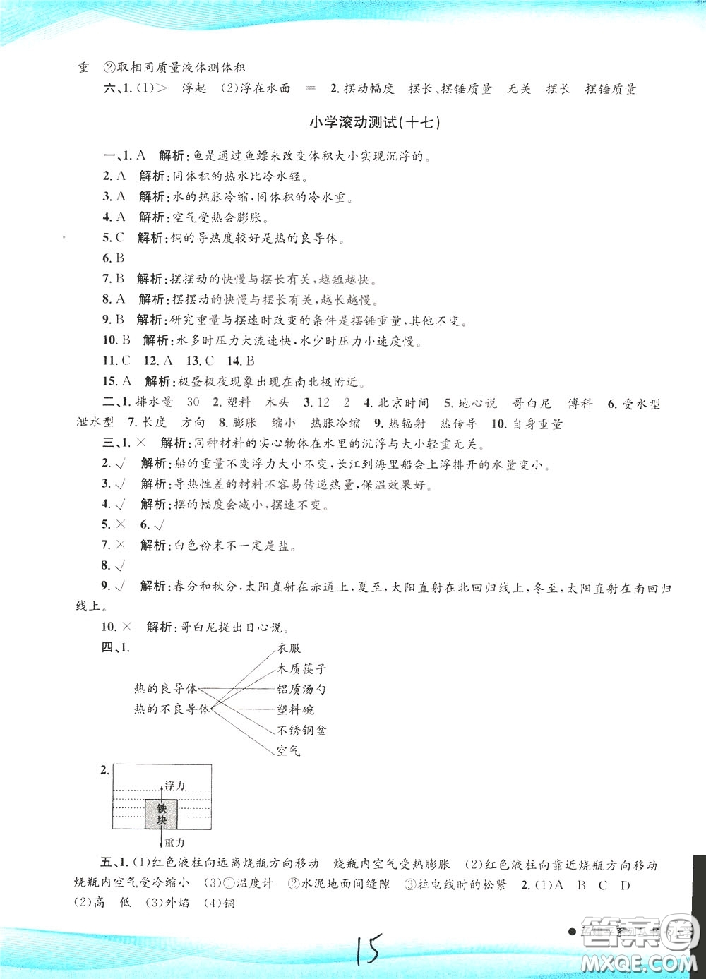 孟建平系列叢書2020年小學(xué)滾動測試科學(xué)五年級下冊J教科版參考答案