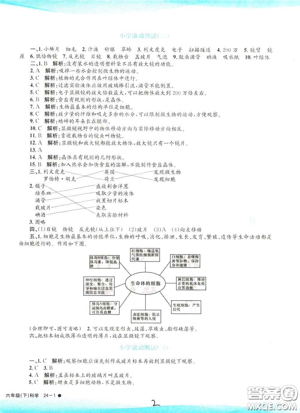 孟建平系列叢書2020年小學(xué)滾動(dòng)測(cè)試科學(xué)六年級(jí)下冊(cè)J教科版參考答案