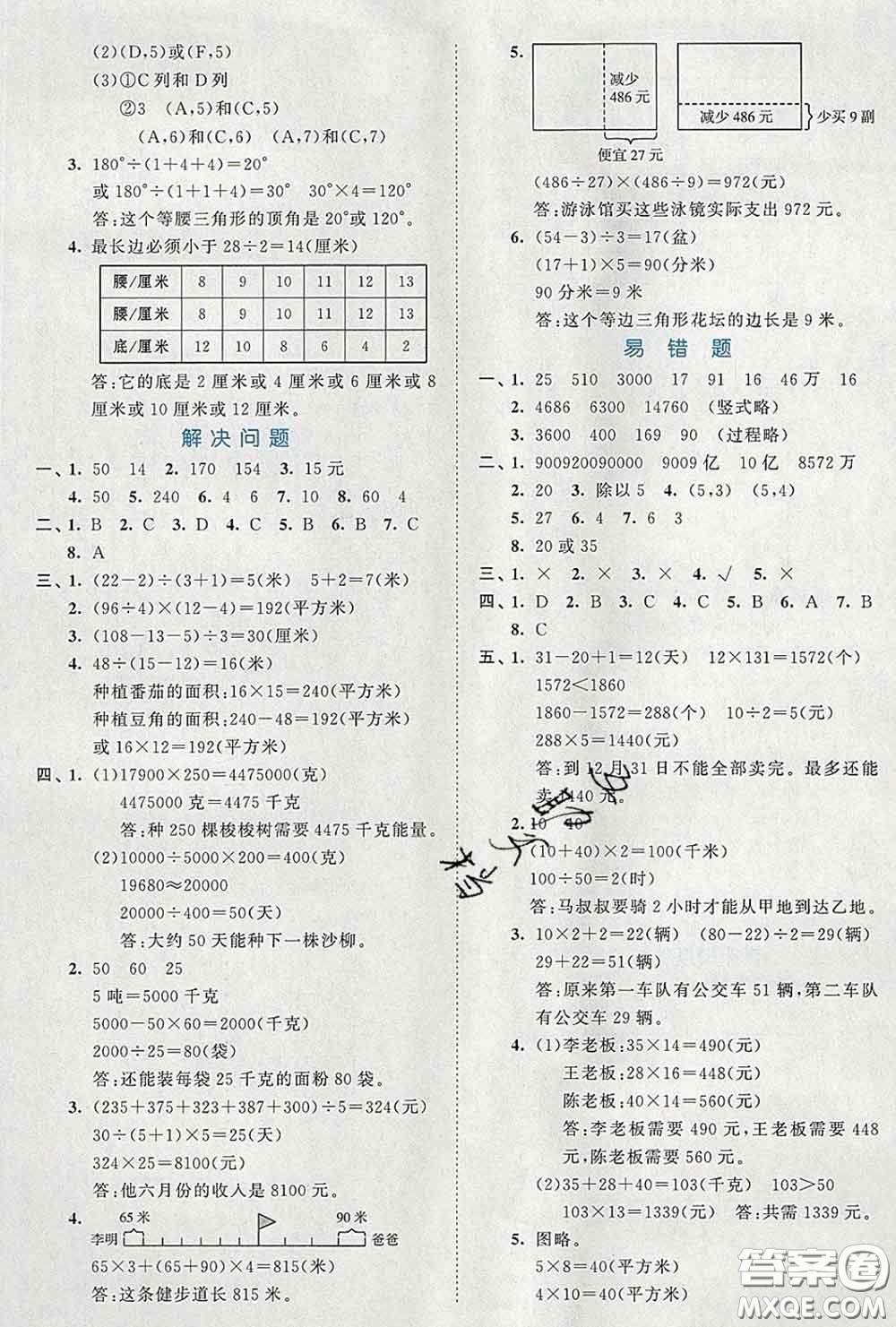 西安出版社2020新版53全優(yōu)卷四年級數(shù)學下冊蘇教版答案