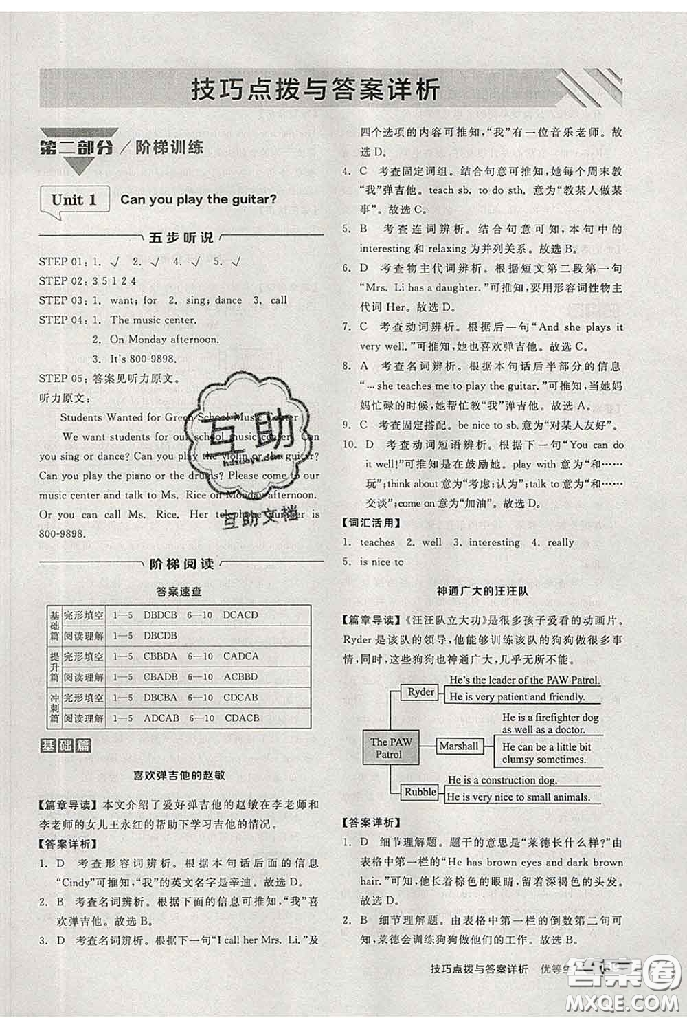 陽光出版社2020春全品優(yōu)等生七年級(jí)英語下冊(cè)人教版答案