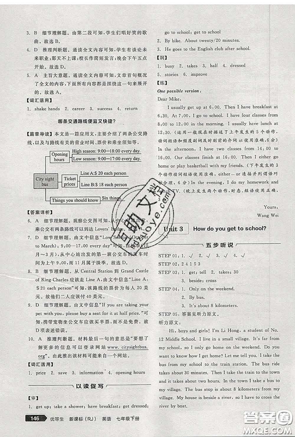 陽光出版社2020春全品優(yōu)等生七年級(jí)英語下冊(cè)人教版答案