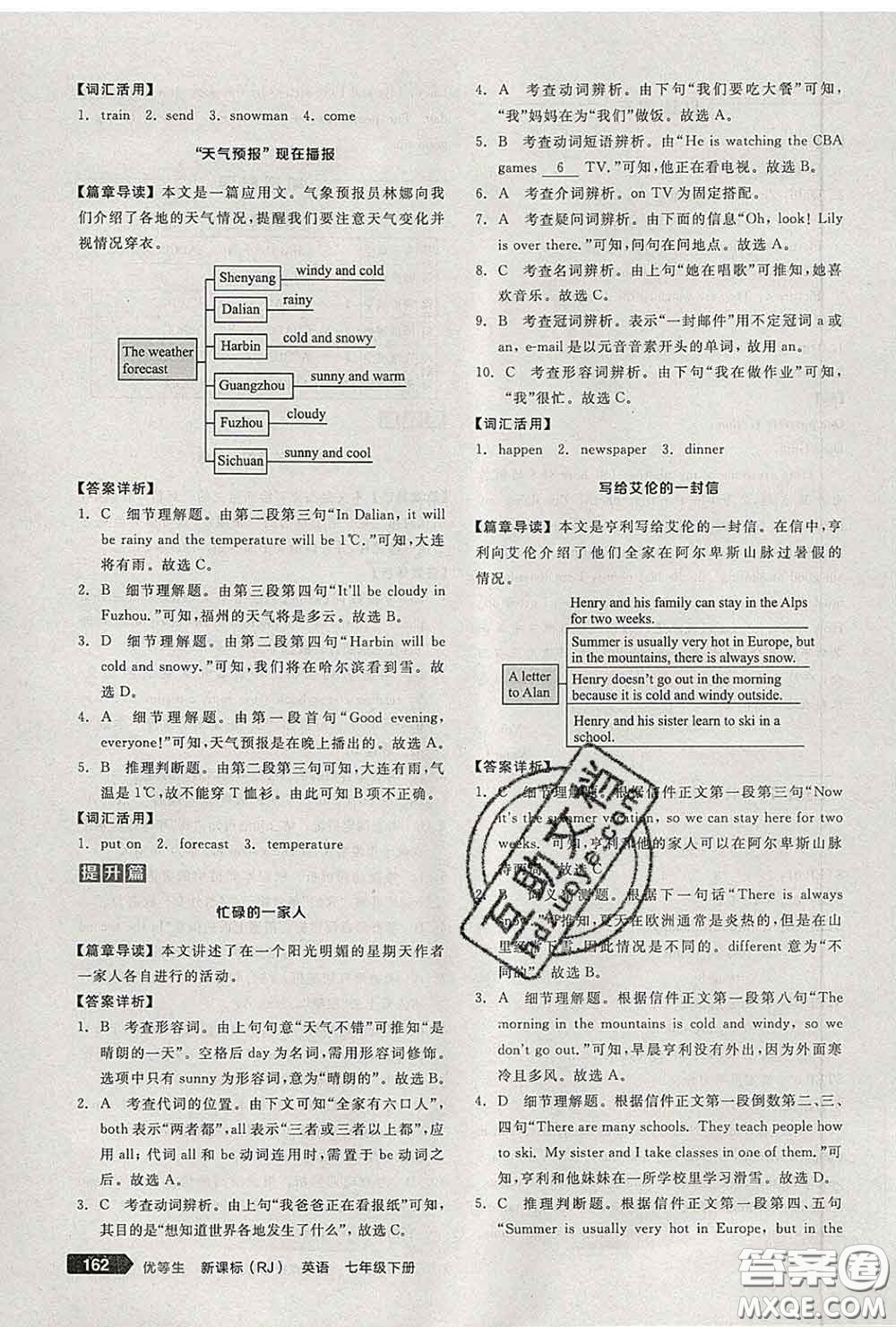 陽光出版社2020春全品優(yōu)等生七年級(jí)英語下冊(cè)人教版答案