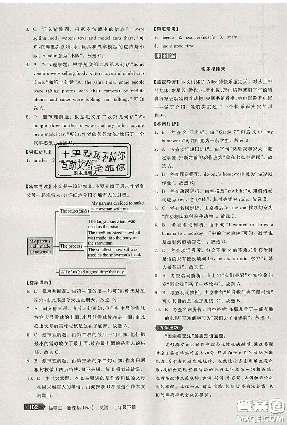 陽光出版社2020春全品優(yōu)等生七年級(jí)英語下冊(cè)人教版答案