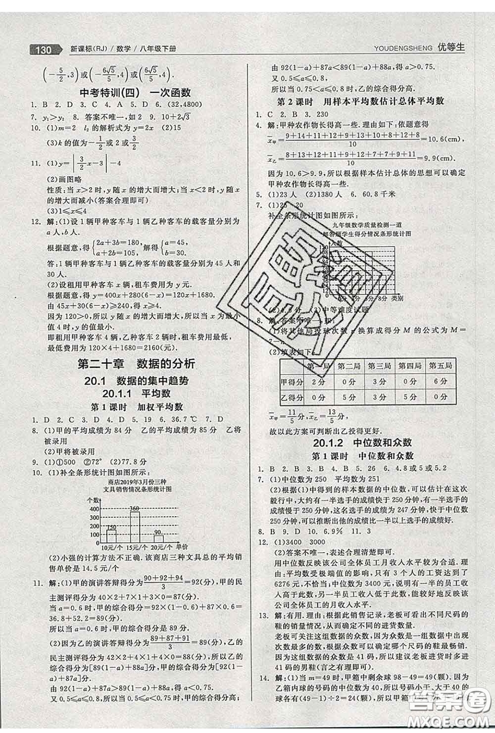 陽光出版社2020春全品優(yōu)等生八年級(jí)數(shù)學(xué)下冊(cè)人教版答案