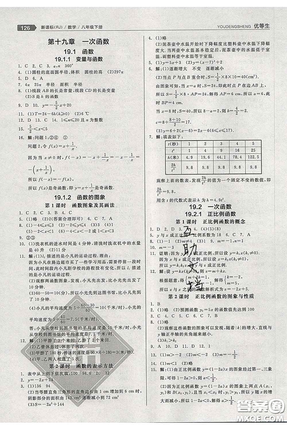 陽光出版社2020春全品優(yōu)等生八年級(jí)數(shù)學(xué)下冊(cè)人教版答案