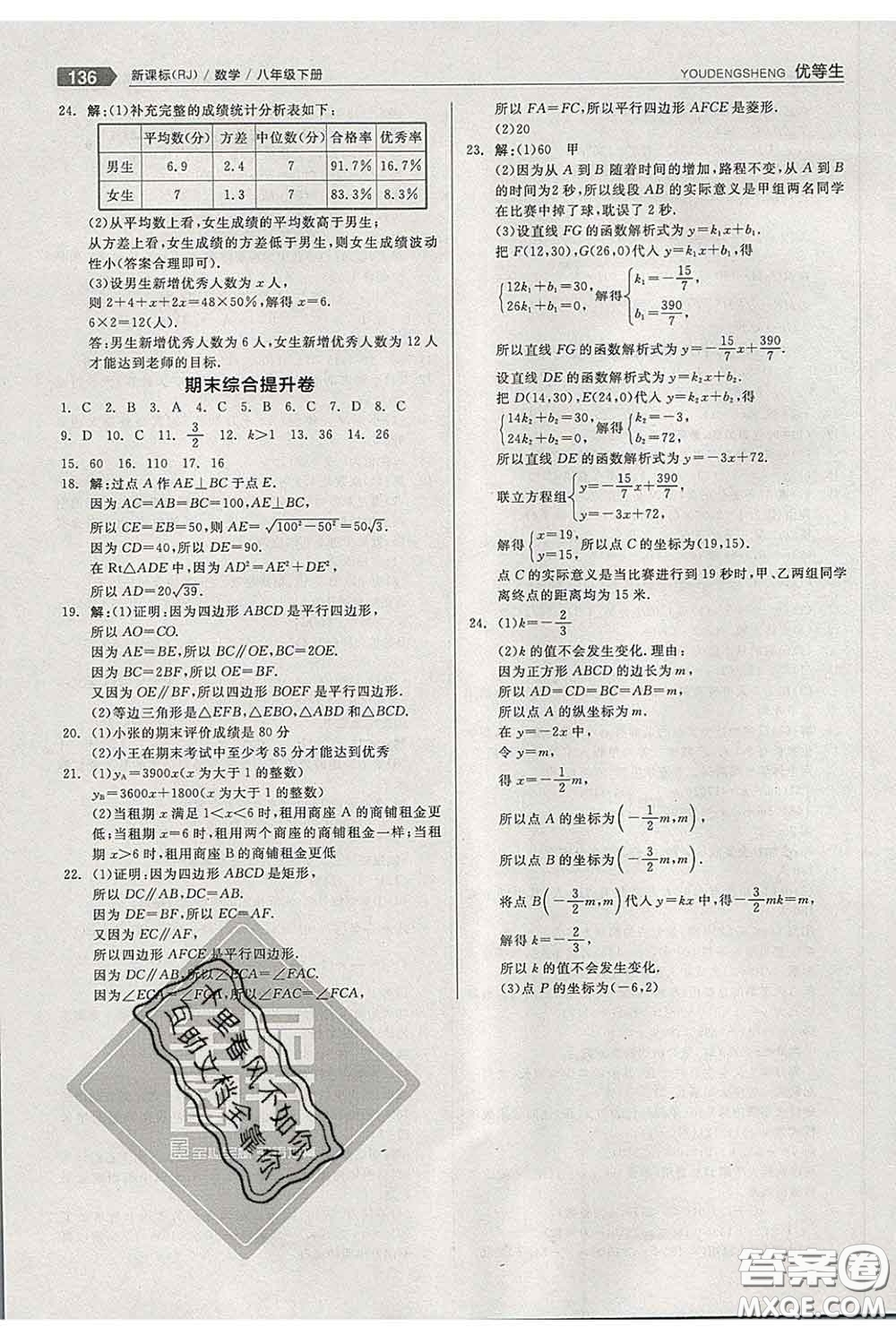 陽光出版社2020春全品優(yōu)等生八年級(jí)數(shù)學(xué)下冊(cè)人教版答案