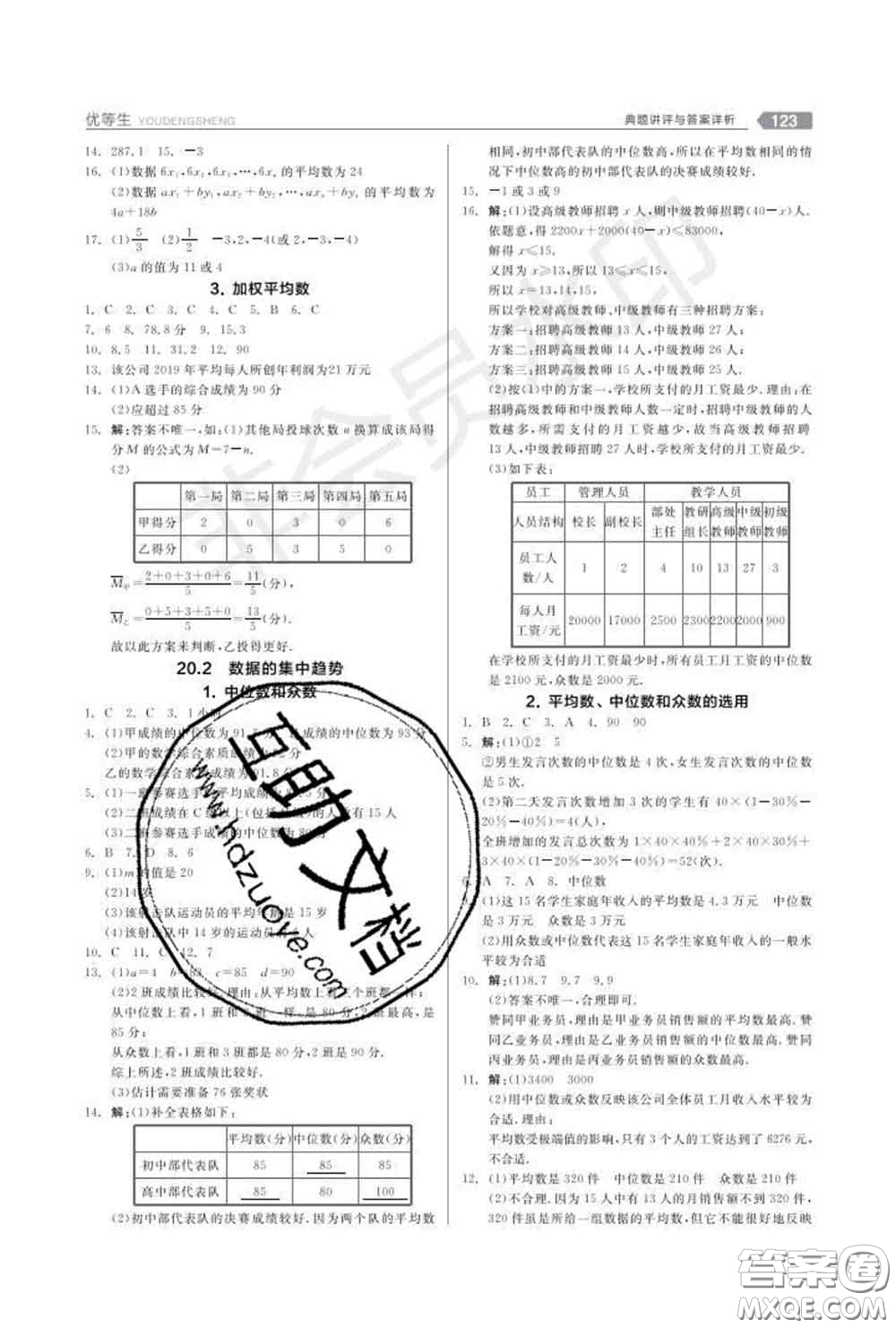 陽(yáng)光出版社2020春全品優(yōu)等生八年級(jí)數(shù)學(xué)下冊(cè)華師版答案