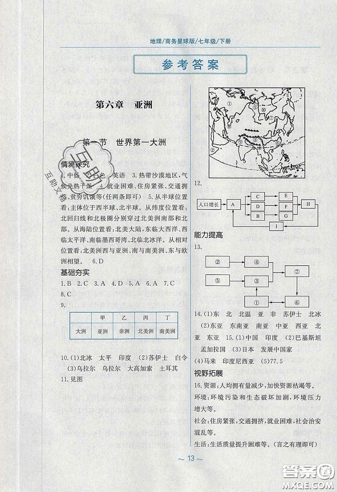 2020年新編基礎訓練七年級地理下冊商務星球版答案