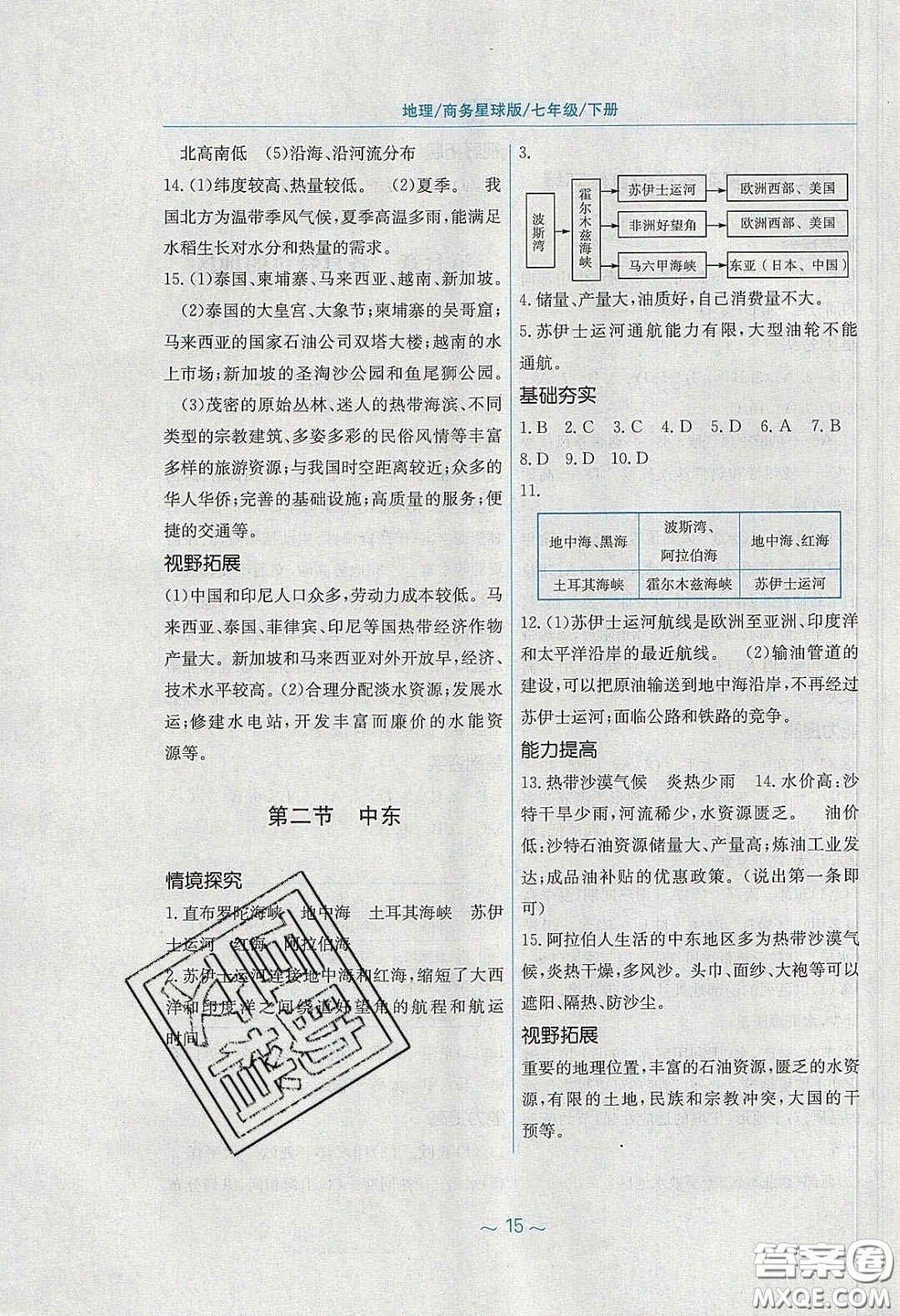 2020年新編基礎訓練七年級地理下冊商務星球版答案
