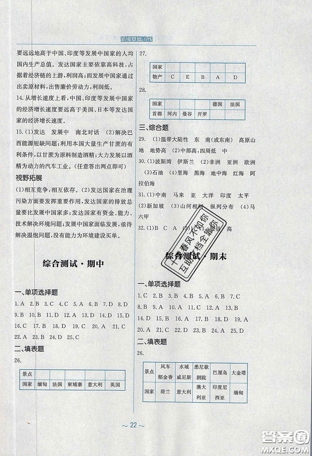 2020年新編基礎訓練七年級地理下冊商務星球版答案