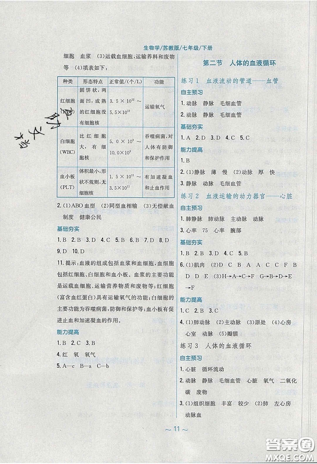 2020年新編基礎(chǔ)訓(xùn)練七年級生物學(xué)下冊湘教版答案