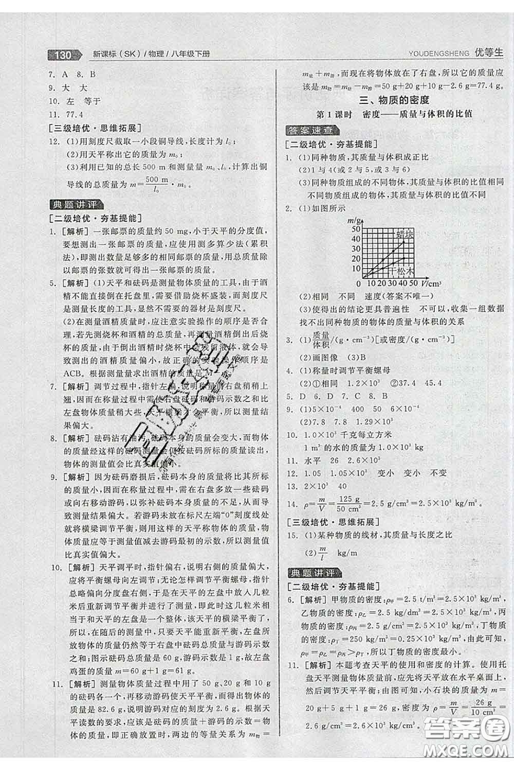 陽(yáng)光出版社2020春全品優(yōu)等生八年級(jí)物理下冊(cè)蘇科版答案
