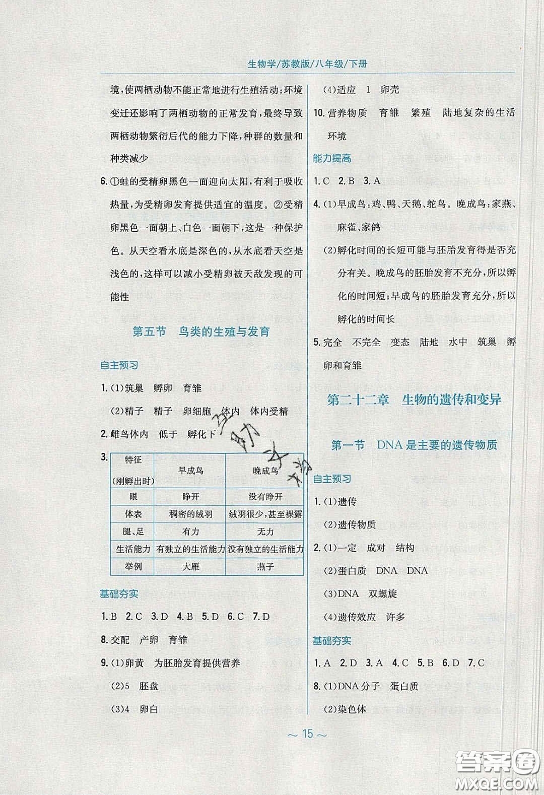 安徽教育出版社2020年新編基礎訓練八年級生物學下冊蘇教版答案