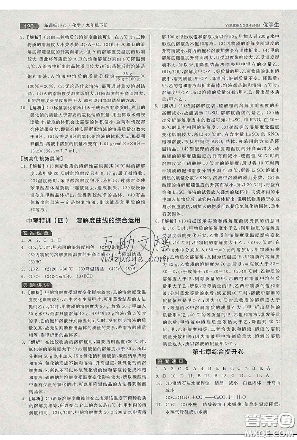 陽(yáng)光出版社2020春全品優(yōu)等生九年級(jí)化學(xué)下冊(cè)科粵版答案