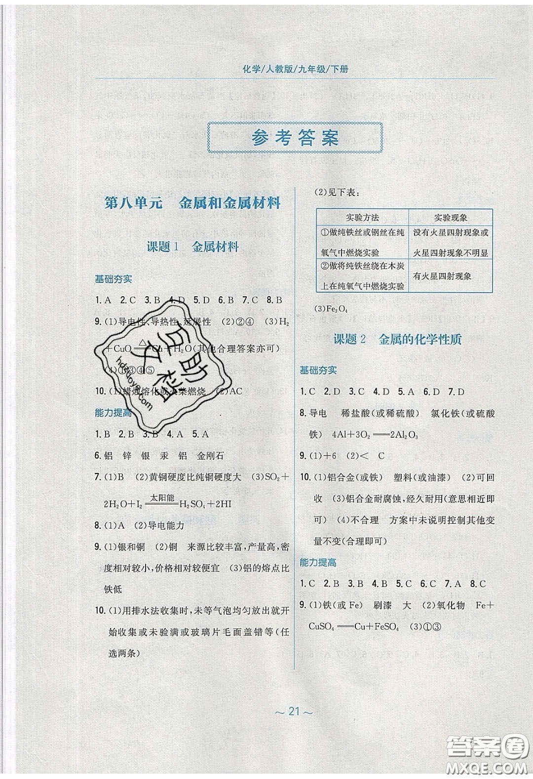 安徽教育出版社2020年新編基礎(chǔ)訓練九年級化學下冊人教版答案