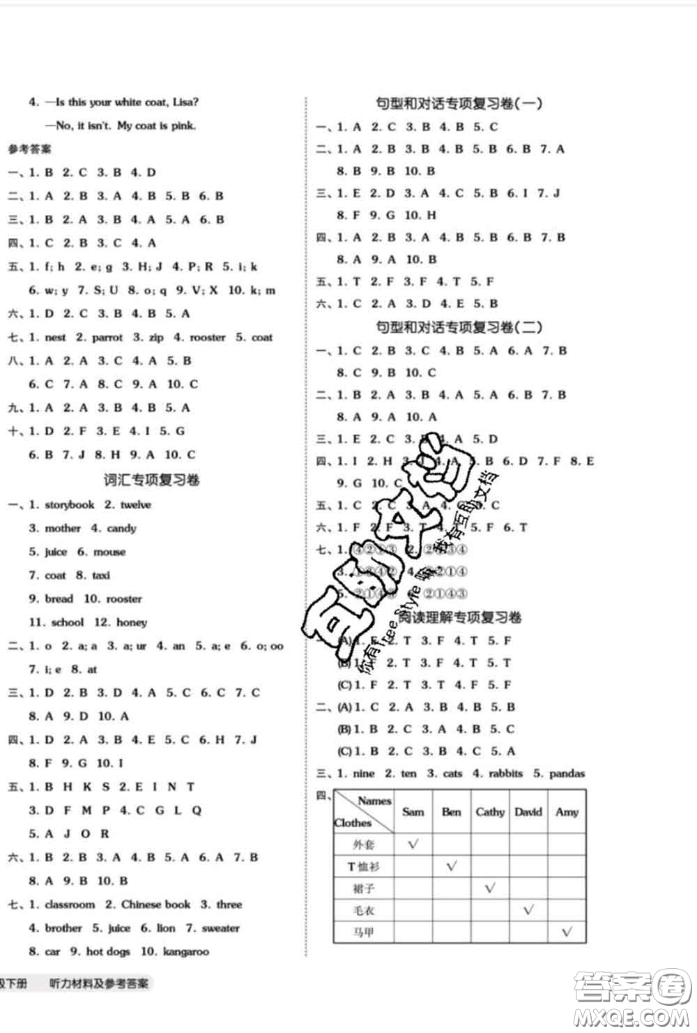 陽光出版社2020新版全品小復習三年級英語下冊精通版答案