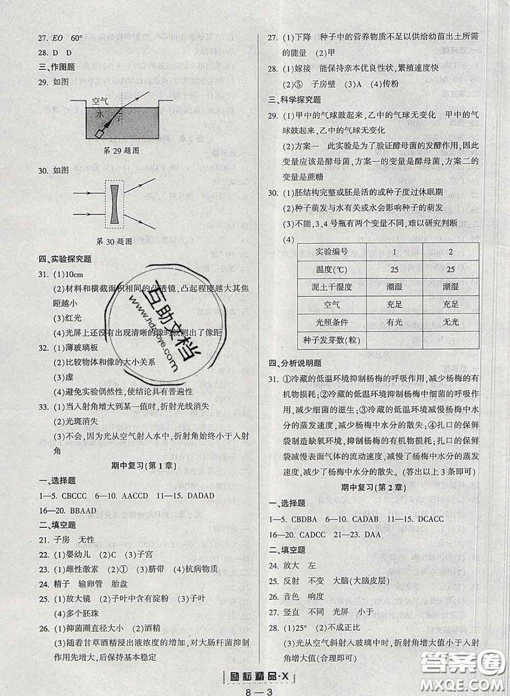 勵耘書業(yè)2020春勵耘活頁七年級科學下冊浙教版答案