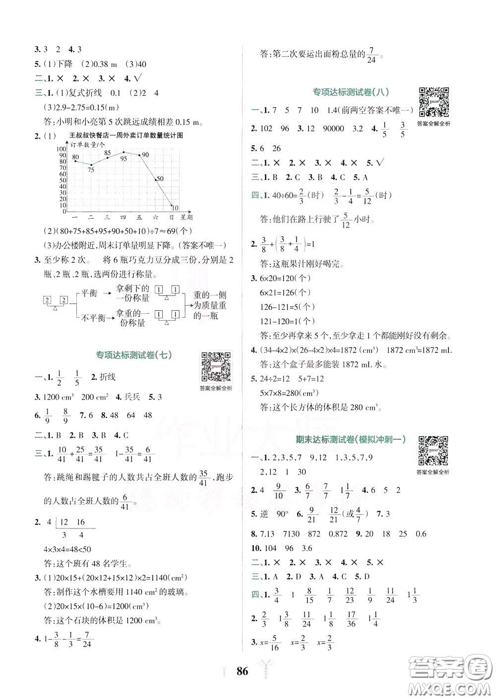 2020年小學(xué)學(xué)霸沖A卷數(shù)學(xué)五年級下冊RJ版人教版參考答案