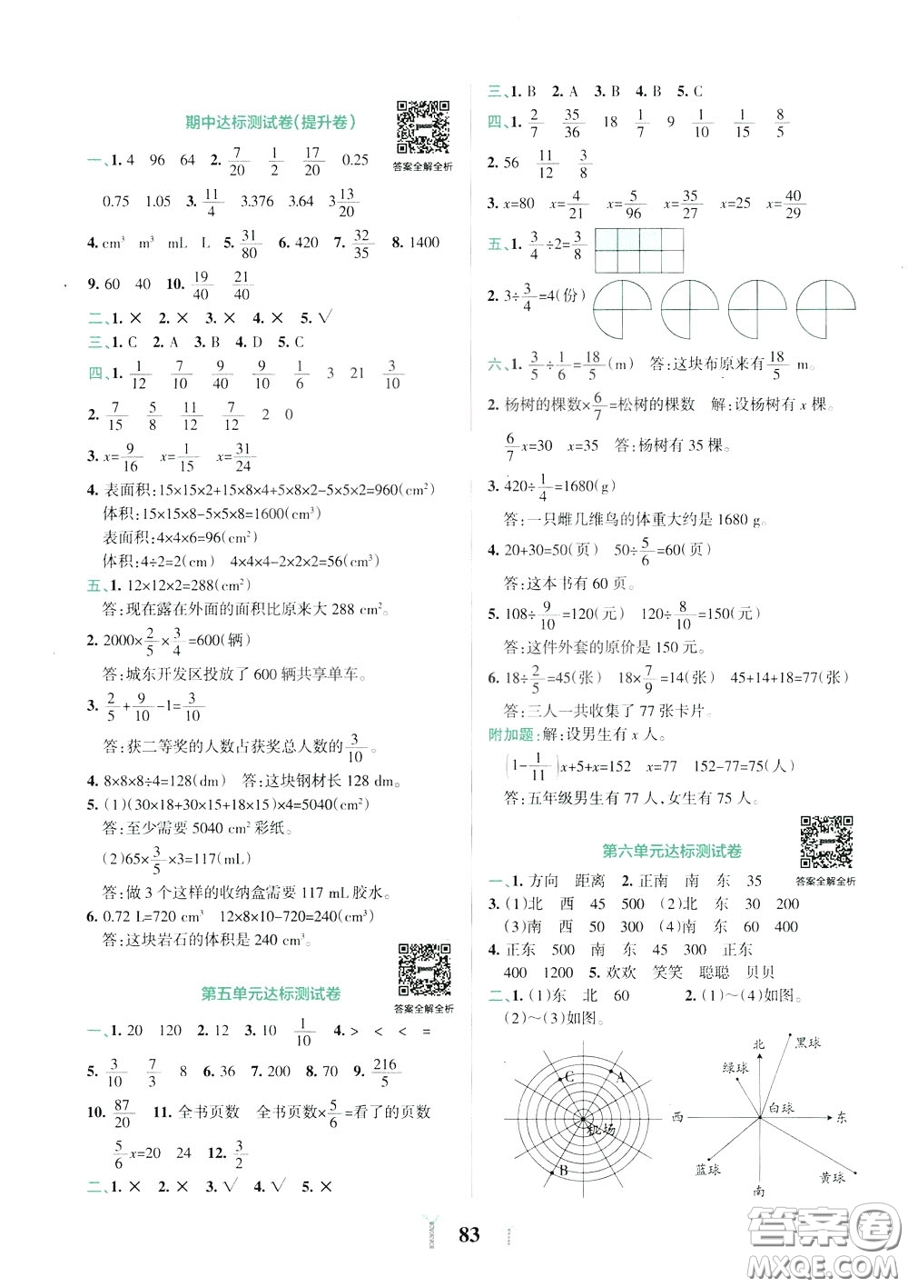 2020年小學(xué)學(xué)霸沖A卷數(shù)學(xué)五年級(jí)下冊(cè)BS版北師版參考答案