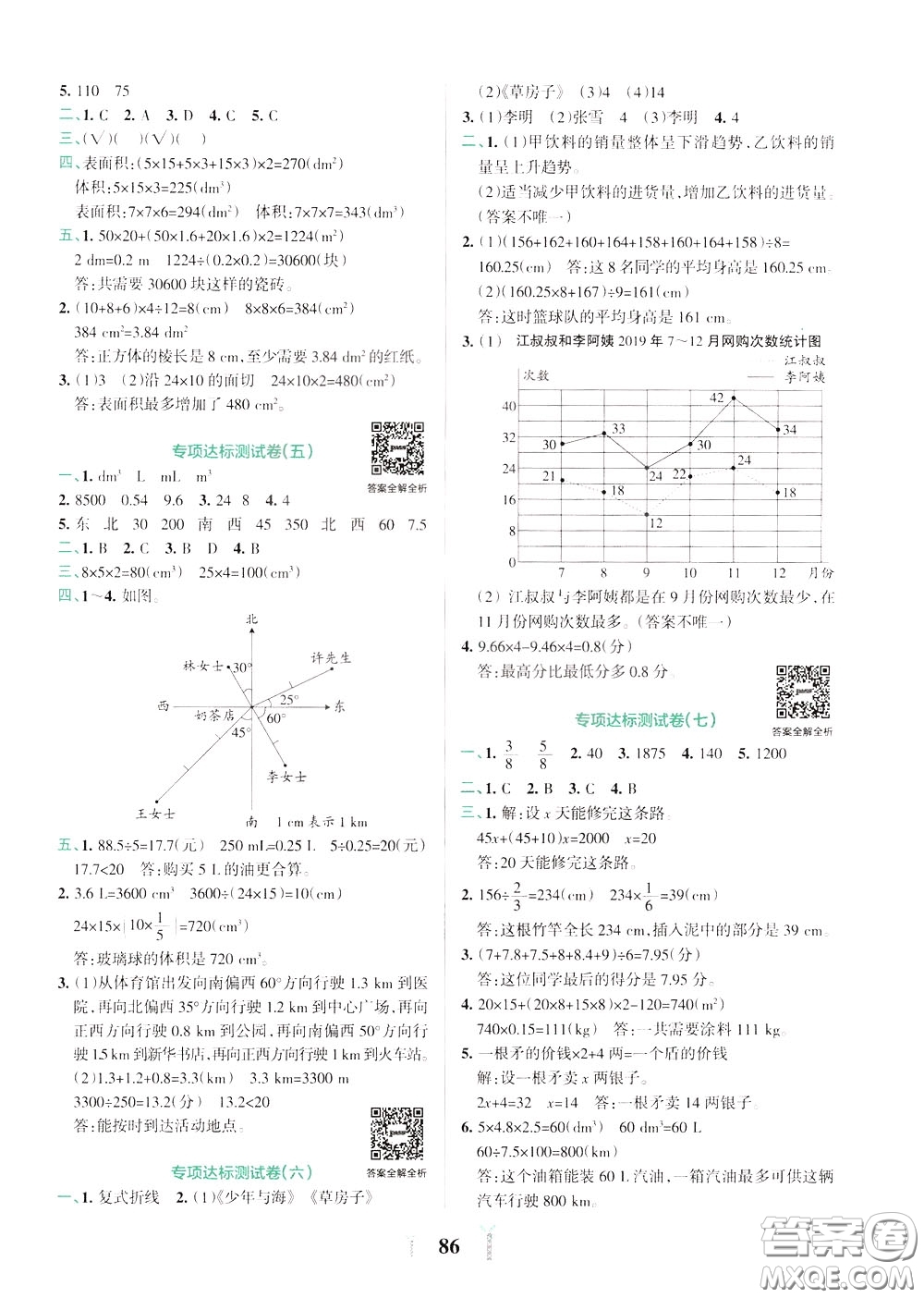 2020年小學(xué)學(xué)霸沖A卷數(shù)學(xué)五年級(jí)下冊(cè)BS版北師版參考答案