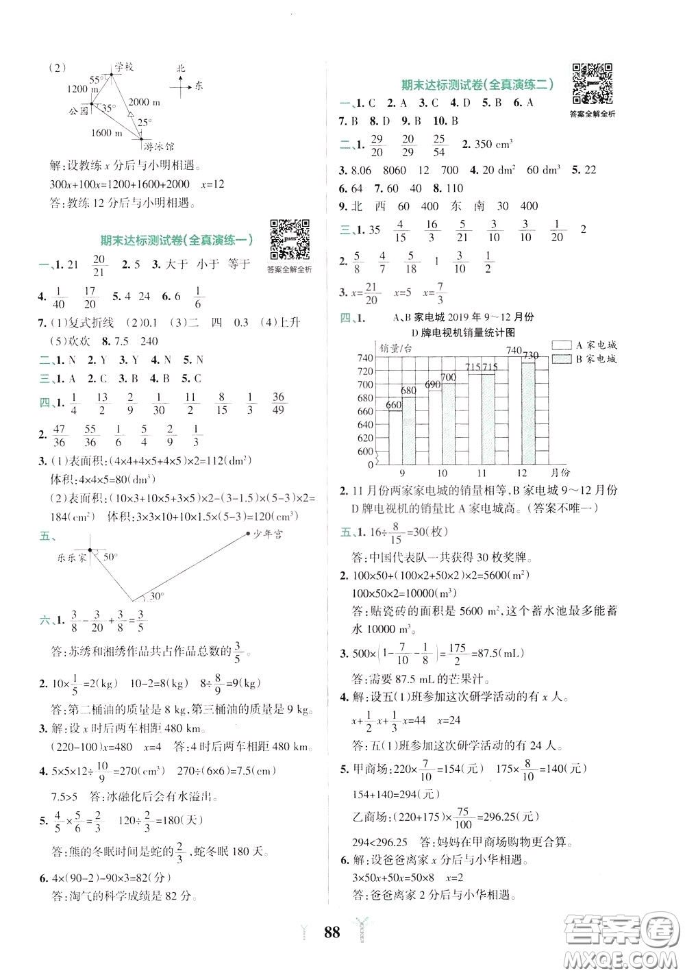 2020年小學(xué)學(xué)霸沖A卷數(shù)學(xué)五年級(jí)下冊(cè)BS版北師版參考答案