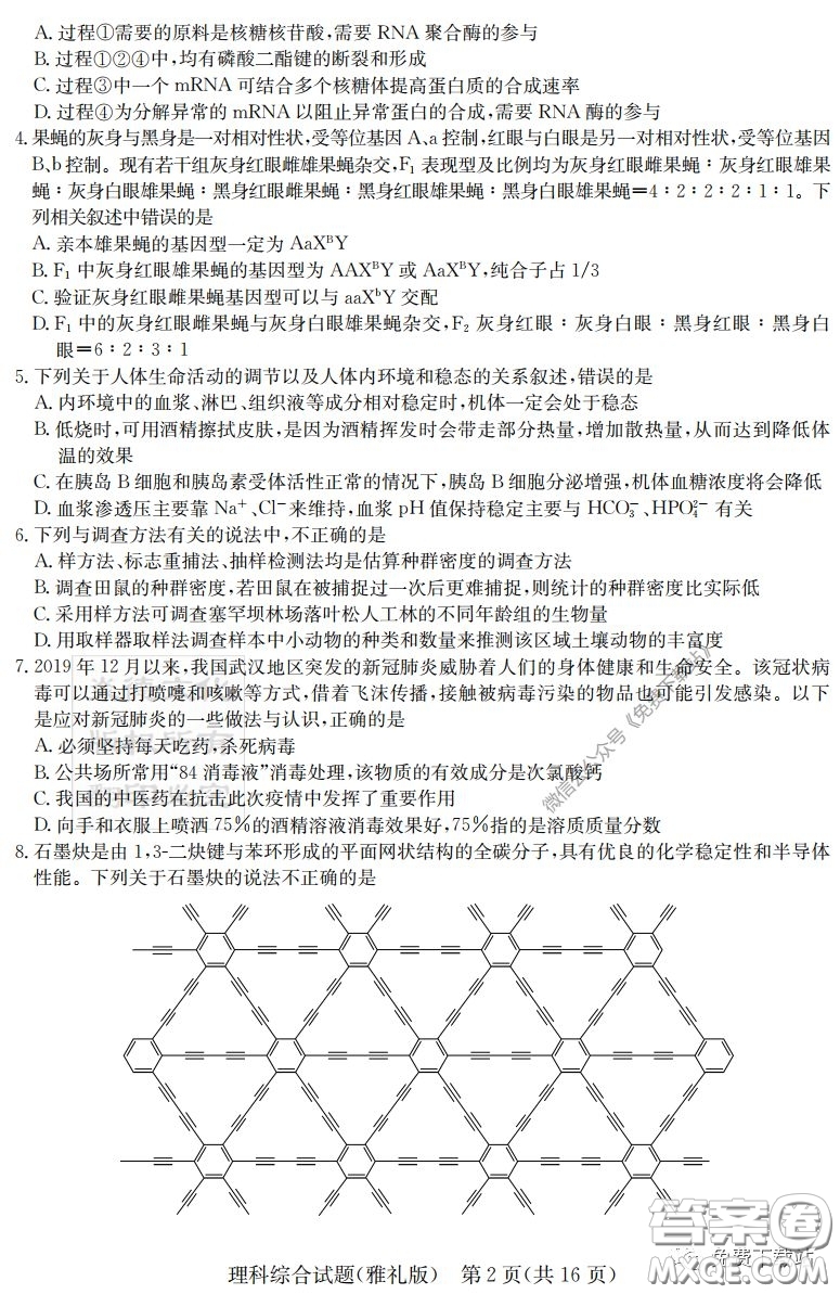 炎德英才大聯(lián)考雅禮中學(xué)2020屆高三月考試卷七理科綜合試題及答案