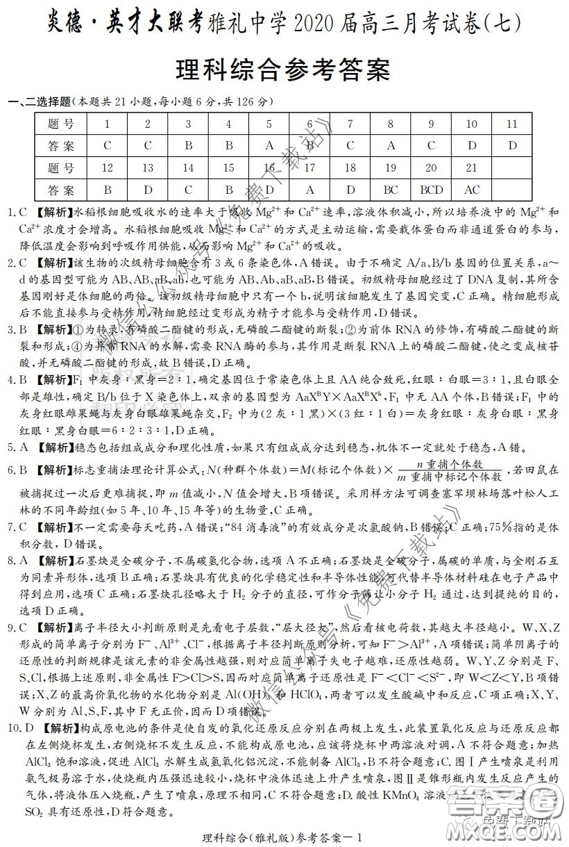 炎德英才大聯(lián)考雅禮中學(xué)2020屆高三月考試卷七理科綜合試題及答案