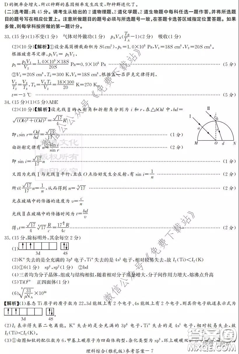 炎德英才大聯(lián)考雅禮中學(xué)2020屆高三月考試卷七理科綜合試題及答案