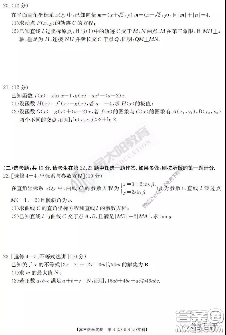 2020屆河南金太陽高三3月聯(lián)考文科數(shù)學(xué)試題及答案