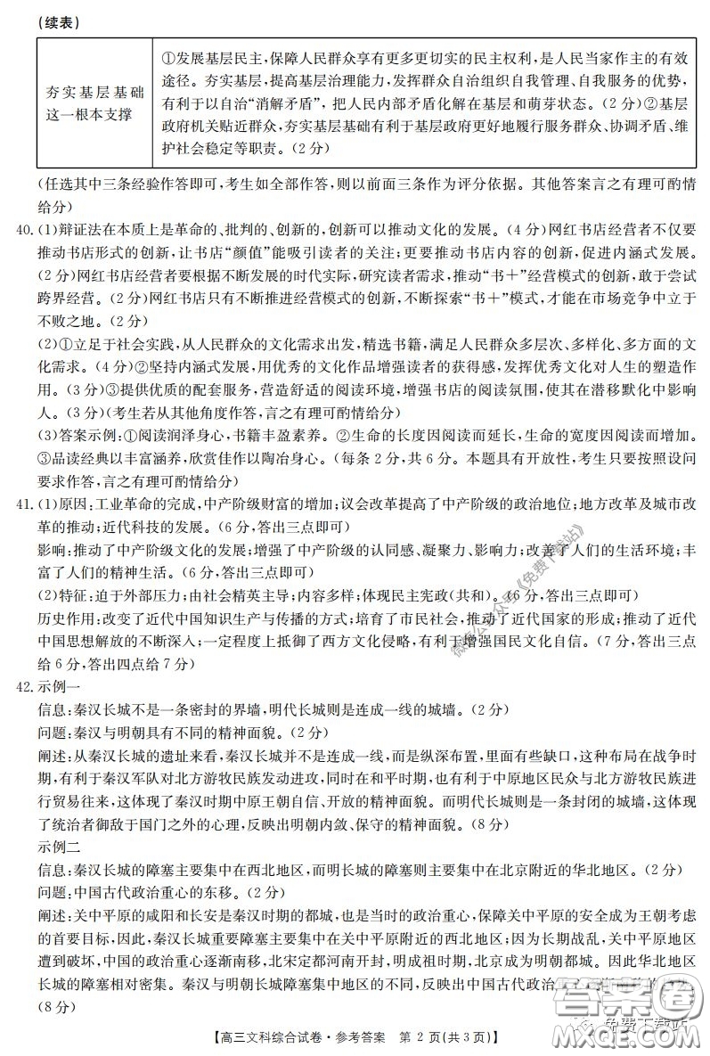 2020屆陜西甘肅金太陽(yáng)高三3月聯(lián)考文科綜合答案